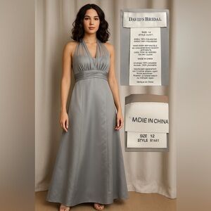 David’s Bridal Silver Halter Formal Gown Size 12 | Elegant A-Line Evening Dress